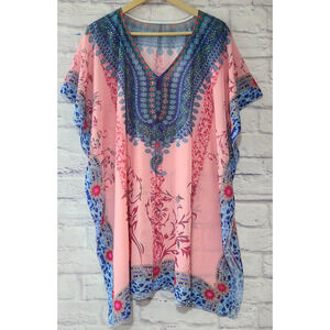 Unbranded Top Blouse Cover Up Women's Pink Blue Embellished Floral Flowy Boho